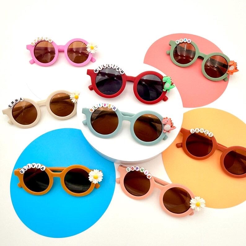 Kids sunglass Party Favor, Bulk Order Kids Sunglasses, Customized Sunglasses Dinosaur and Daisy Design, Kids Birthday gift, Name Sunglasses, image 9
