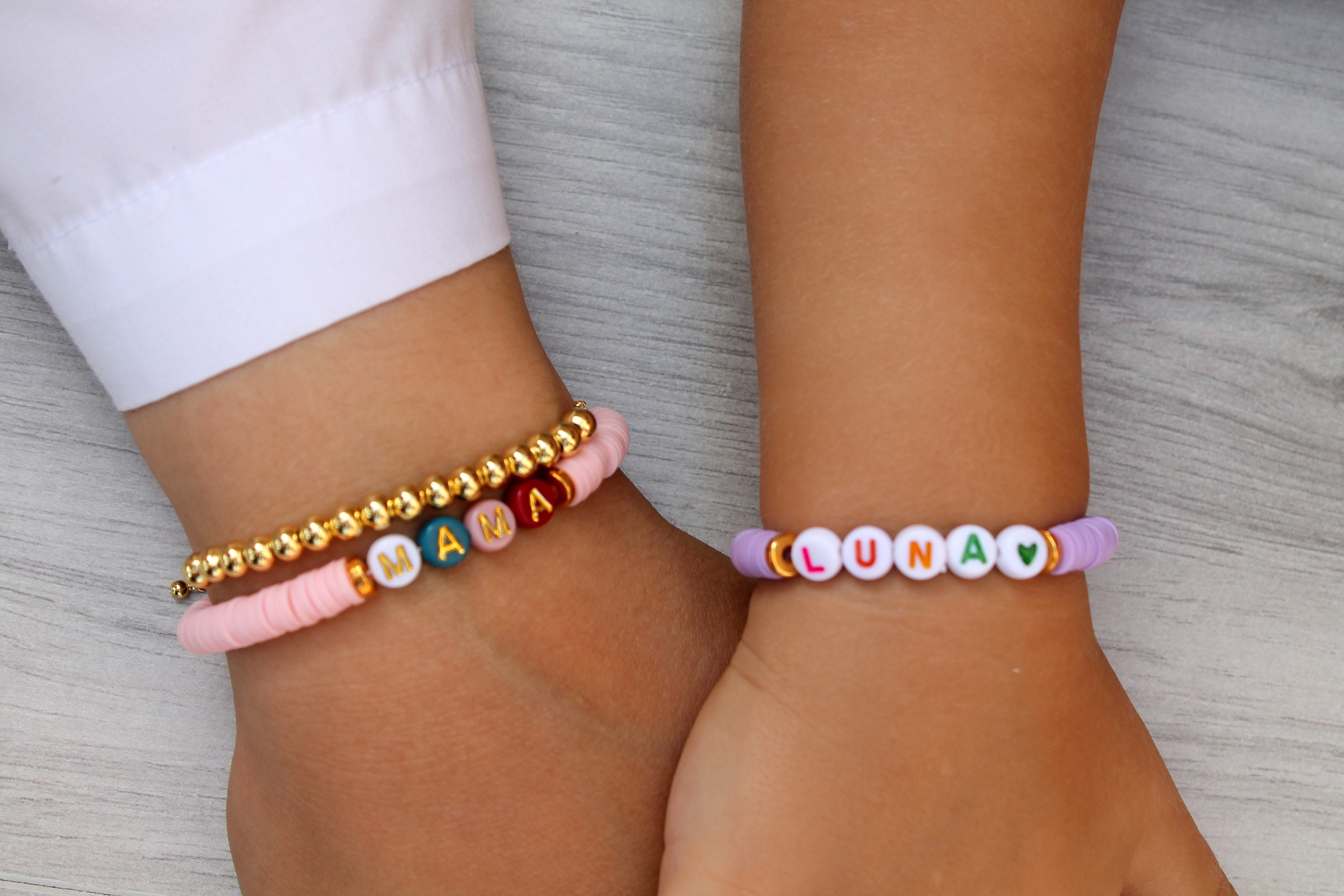 Back to school, Mama & Mini Bracelet Set, Stretch with Heishi Beads and Your choice of Lettering, First day of School/Kindergarten/Preschool