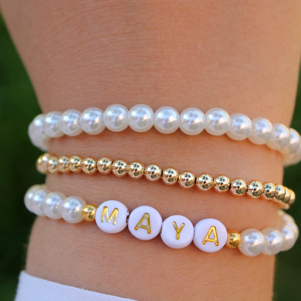 14K Gold Beaded Bracelets, stackable bracelets, personalized name bracelets, pearl bracelets, custom bracelet, handmade gift, Jewelry Gift