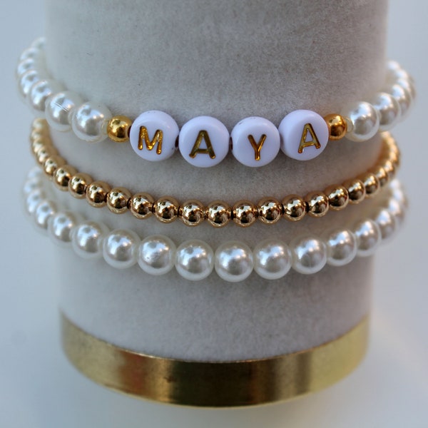 Real 14k Gold Filled Beaded Bracelet, Pearl Bracelet, Personalized Name Bracelets, Custom Bracelet, Name Bracelet, Gold Women's Bracelets