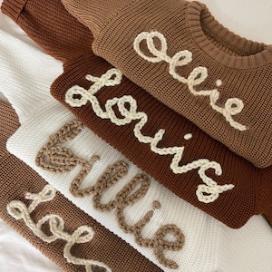 Personalised hand embroidered name knit cotton jumper