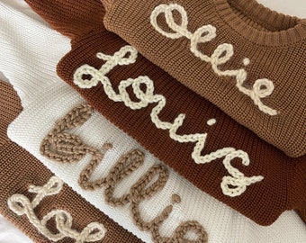 Personalised hand embroidered name knit cotton jumper