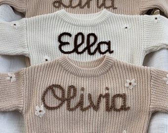 Daisy collection- Personalised hand embroidered name cotton jumper with daisy flowers