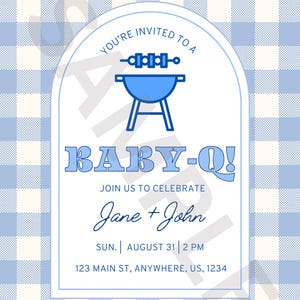 Editable Baby-Q Baby Shower Bundle – Blue Gingham BBQ Baby Shower Decorations, Invitation, Signs, Games, Printable + Canva Template, Boy