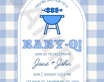 Editable Baby-Q Baby Shower Bundle – Blue Gingham BBQ Baby Shower Decorations, Invitation, Signs, Games, Printable + Canva Template, Boy