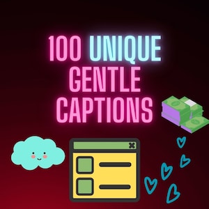 Op de afbeelding: Een afbeelding met neonroze en blauwe tekst die "100 UNIEKE ZACHTE ONDERTITELS" zegt. Er is een cartoonwolk met een smiley, een gele webpagina met drie lege tekstvakken en een stapel groene geldrekeningen. Er zijn ook verschillende blauwe harten verspreid rond de afbeelding.