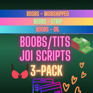 Op de afbeelding: Een digitale illustratie van een roze bh, een stapel geld en een smartphone met een creditcard. De tekst "BOOBS/TITS JOI SCRIPTS 3-PACK" staat in roze neonletters. Er zijn ook verschillende roze harten.