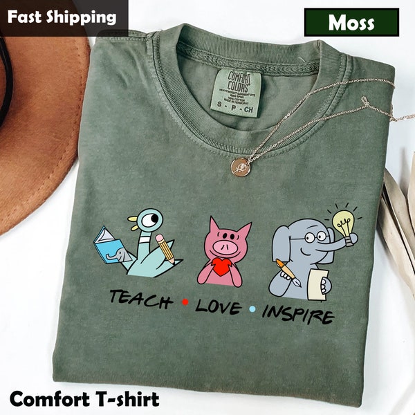 Teach Love Inspire Shirt, Elephant And Piggie Friends Shirt, Teacher Gift, Children Book Characters Shirt,  Book Lover Gift, Bookworm Shirt