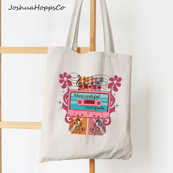 Where Words Fail Music Speaks Tote Bag, Cassette Tape Musician Bag, Music Lover Tote Bag, Music Teacher Gift, Guitar Tote Bag, Musician Gift