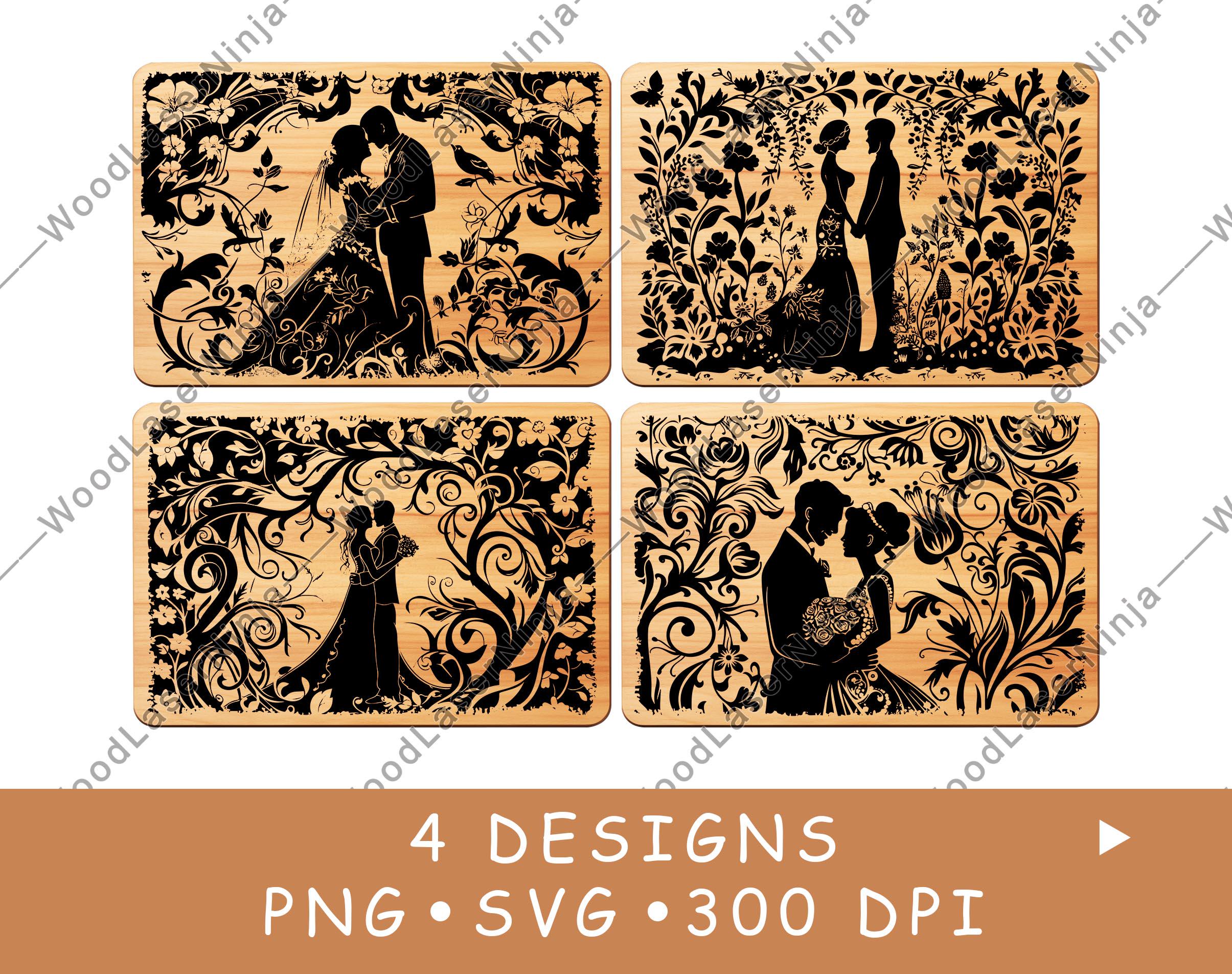 Bride Groom Wedding Bridal Bouquet Floral Romantic Laser File Coaster Burn Black White PNG SVG Wood Board Image Glowforge Vector Charcuterie