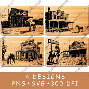 Old Western Saloon Horse Wild Cowboy Frontier Life Laser File Coaster Burn Black White PNG SVG Wood Board Image Glowforge Vector Charcuterie