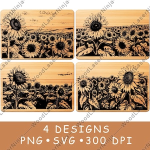 Sunflower Field Floral Bloom Garden Flower Plant Laser File Coaster Burn Black White PNG SVG Wood Board Image Glowforge Cricut Charcuterie