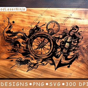Compass Anchor Ship Sail Ocean Waves Nautical Time Laser File Coaster Burn Black White PNG SVG Wood Board Image Glowforge Vector Charcuterie