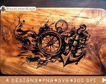 Compass Anchor Ship Sail Ocean Waves Nautical Time Laser File Coaster Burn Black White PNG SVG Wood Board Image Glowforge Vector Charcuterie