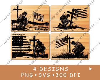 Soldier Kneeling Cross American Flag Honor Tribute Laser File Coaster Burn Black White PNG SVG Wood Board Image Glowforge Vector Charcuterie