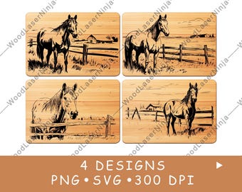 Horse Farm Ranch Stable Paddock Rustic Fence Laser File Burn Coaster Black White PNG SVG Wood Board Image,Glowforge,LightBurn,Charcuterie