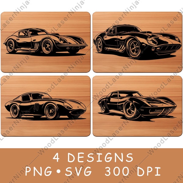 Muscle Car Sports Race  Luxury Classic Performance Laser File Coaster Burn Black White PNG SVG Wood Board Image Glowforge Cricut Charcuterie