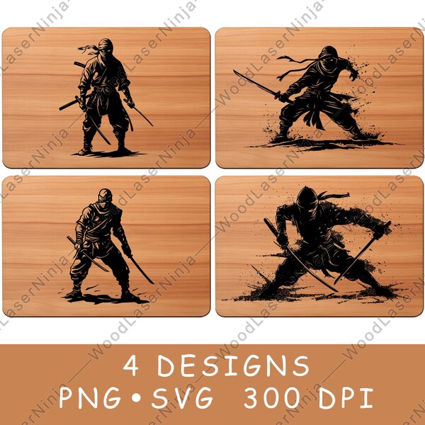 Ninja Ronin Japan Samurai Warrior Combat Fighter Laser File Coaster Burn Black White PNG SVG Wood Board Image Glowforge Cricut Charcuterie