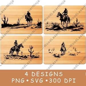 Western Cowboy Desert Scene Wildwest Ranch Coaster Laser File Slate Engrave Black White PNG Images SVG Woodboard,Glowforge,LightBurn,CO2,Cnc