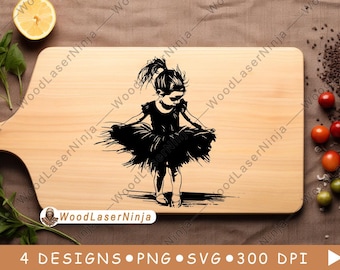 Cute Little Girl Ballet Tutu Dress Young Ballerina Laser File Coaster Burn Black White PNG SVG Wood Board Image Glowforge Vector Charcuterie
