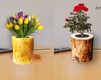 DigiKraft Divya Office Wooden Bark Planter Plant Container Set  of 2 (Wood Bark Pot)