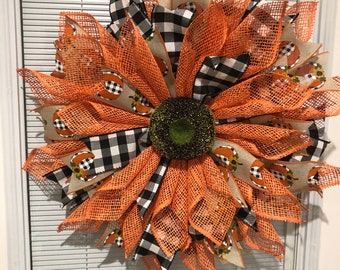 Fall/Autumn Wreath with buffalo check and pumpkin ribbon