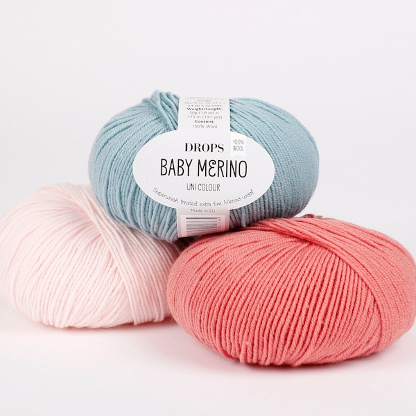 DROPS Baby Merino, Superwash treated extra fine merino wool, Natural fiber yarn, Soft wool, Knitting yarn, Yarn for blanket 50g