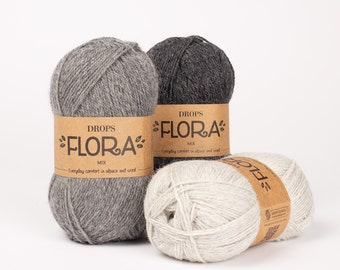 Wool and Superfine alpaca, DROPS Flora, Yarn for knitting, Sock yarn, Crochet yarn, Thin yarn, Wool blend yarn 50g