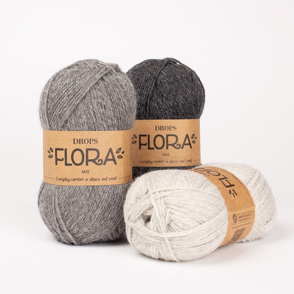 Wool and Superfine alpaca, DROPS Flora, Yarn for knitting, Sock yarn, Crochet yarn, Thin yarn, Wool blend yarn 50g