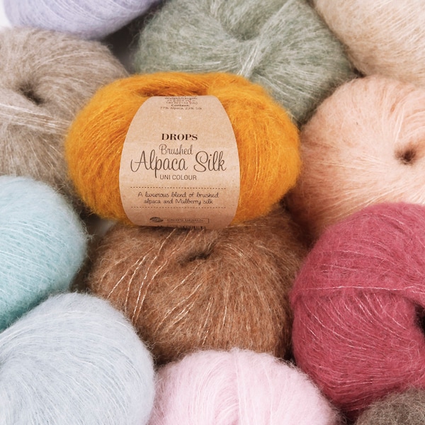 DROPS Brushed Alpaga Silk, 25 g, Laine d'alpaga, Laine à tricoter, Fil de soie, Un luxueux mélange d'alpaga grattée et de soie de mûrier