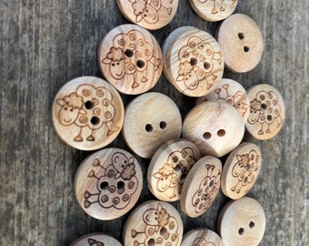 SET OF 5 PIECES, Size: 15mm,Decorative buttons with engraved sheep motif made from olive wood.
