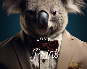 May include: A koala wearing a brown suit with a white shirt, a red bow tie, and a brown pocket square. The text "LOVE Print ENJOY ART" is written in white on the shirt.