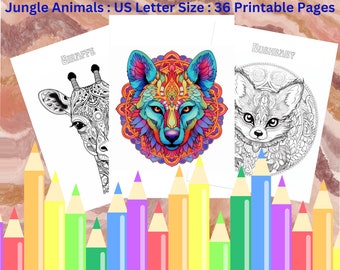 Könnte beinhalten: Ein Satz von drei druckbaren Malvorlagen mit einer Giraffe, einem Wolf und einem Fuchs. Die Seiten sind für Erwachsene konzipiert und werden auf US-Briefpapier gedruckt. Der Titel "Jungle Animals: US Letter Size: 36 Printable Pages" befindet sich oben im Bild.