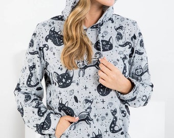 Moletom com capuz de Halloween Gato místico, casual para festa de Halloween, outono e inverno