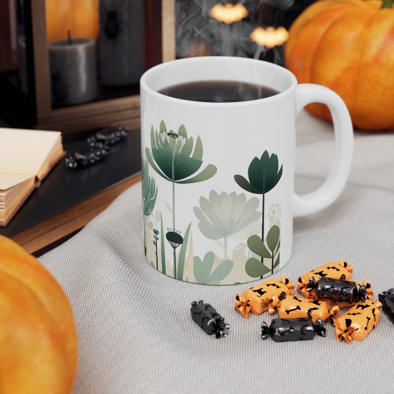 Modern Garden Green Mug | Mid-century Plant Silhouettes in Muted Green ...