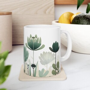 Modern Garden Green Mug | Mid-Century Plant Silhouettes in Muted Green | Fun and Cool Design 11oz