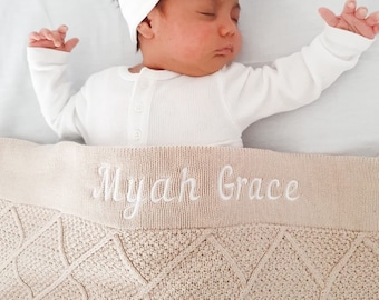 Personalized baby blanket | Beige Diamond Knitted blanket | Embroidered baby blanket | Birth announcement | Baby Shower | Newborn gift