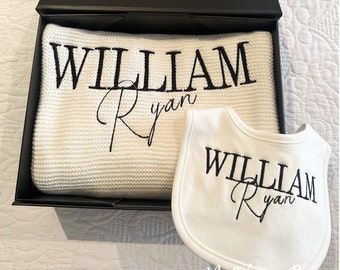 Personalised 100% cotton baby blanket & bib Giftset | White Knitted blanket | Embroidered baby blanket and Bib | Baby