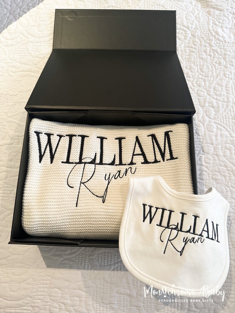 Personalised Baby Blanket White Cotton Knitted Blanket Embroidered Baby