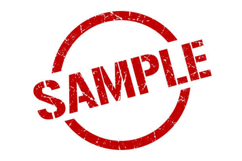 May include: Red round rubber stamp with the word "SAMPLE" in white letters.