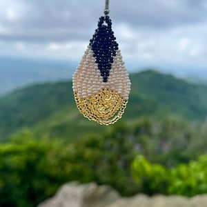 Black Gold White Beaded Earrings, Handmade Seed Bead Earrings, Boho, Beaded Fringe Earrings, Gift for her, Indigenous Jewelry | Zazooh