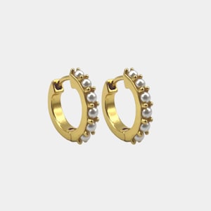 18K Gold Pearl Huggie Earrings: Minimalist Hoops
