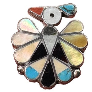 Vintage Zuni Thunderbird Ring Sterling Iridescent Shell Turquoise Coral Sz 6.25