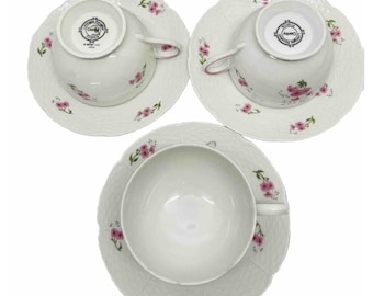 Denby Limoges France Dawn Mist Floral blanc rose 8 oz tasses et soucoupes - 3 ensembles