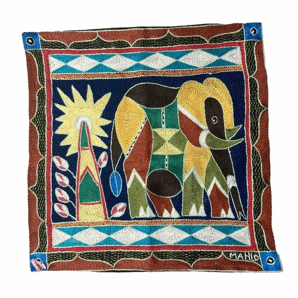 Bohemian Elephant Vibrant Hand Embroidered Pillow Cover Tribal Signed MAHLO