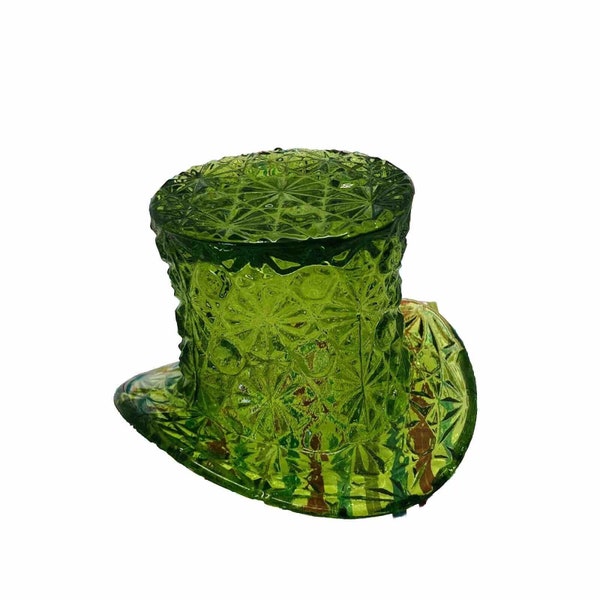 Vintage Daisy And Button Olive Green Glass Top Hat Tophat 2.5"h Collectible