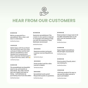 May include: A light green graphic with the text "HEAR FROM OUR CUSTOMERS" and customer reviews. The reviews are five-star ratings with positive comments about spreadsheets, ease of use, and helpful video tutorials.