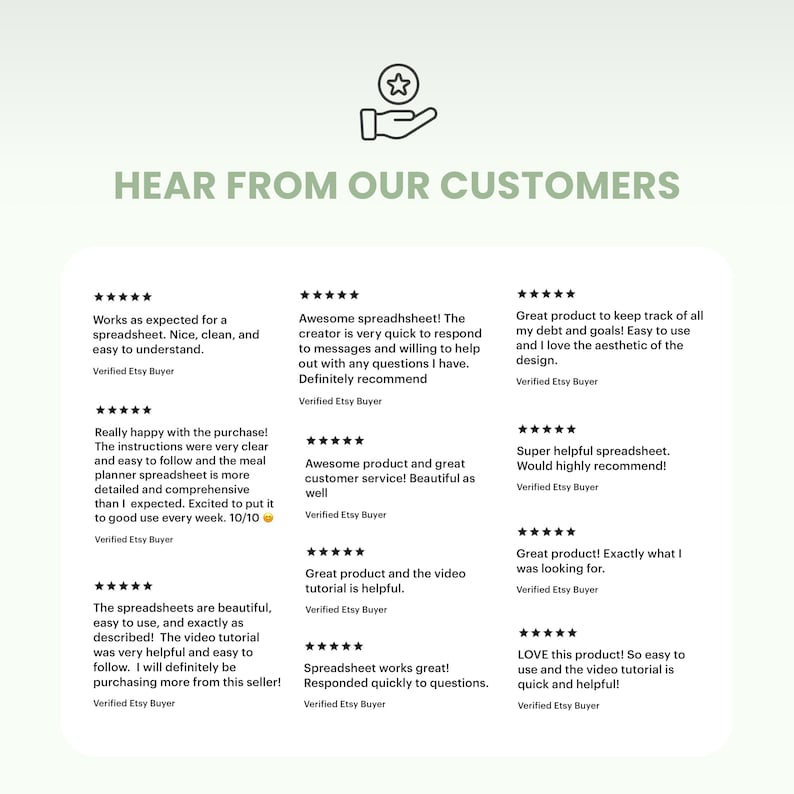 May include: A light green graphic with the text "HEAR FROM OUR CUSTOMERS" and customer reviews. The reviews are five-star ratings with positive comments about spreadsheets, ease of use, and helpful video tutorials.