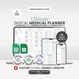Organizador médico digital, registro de citas médicas, registro de medicamentos, plantilla de registro de visitas médicas, historial médico familiar, seguimiento del bienestar.