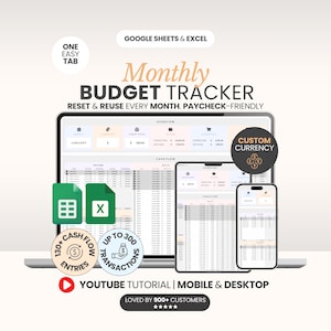 May include: A digital monthly budget tracker for Google Sheets and Excel displayed on a laptop, tablet, and smartphone. The interface features overview and cash flow sections with text including "Monthly Budget Tracker," "Custom Currency," and "Youtube Tutorial."